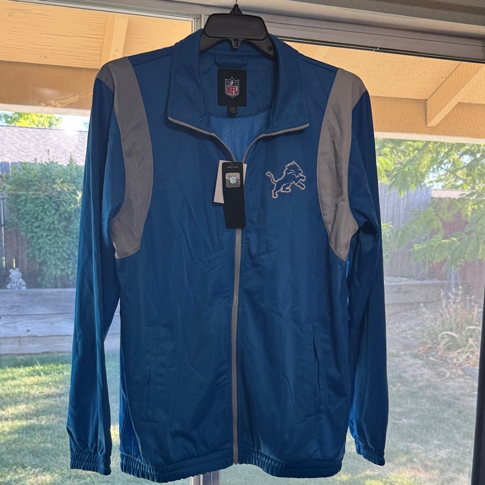 Men’s NFL Detroit Lions Blue and Gray Clutch Time Track Jacket Size Lg